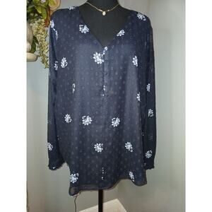 Loft Blouse Top Womens XL Navy Floral Swiss Dot Sheer Long Sleeve V Neck Button